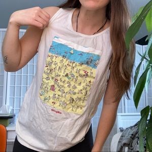 Akomplice where’s Waldo nude beach white graphic tank top